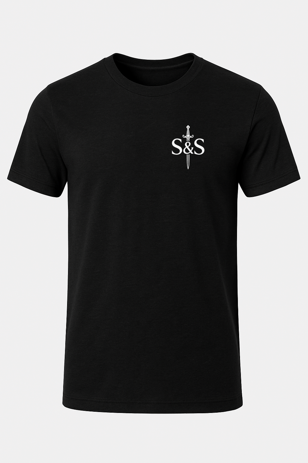 Black t-shirt with a white logo on the chest against a white background