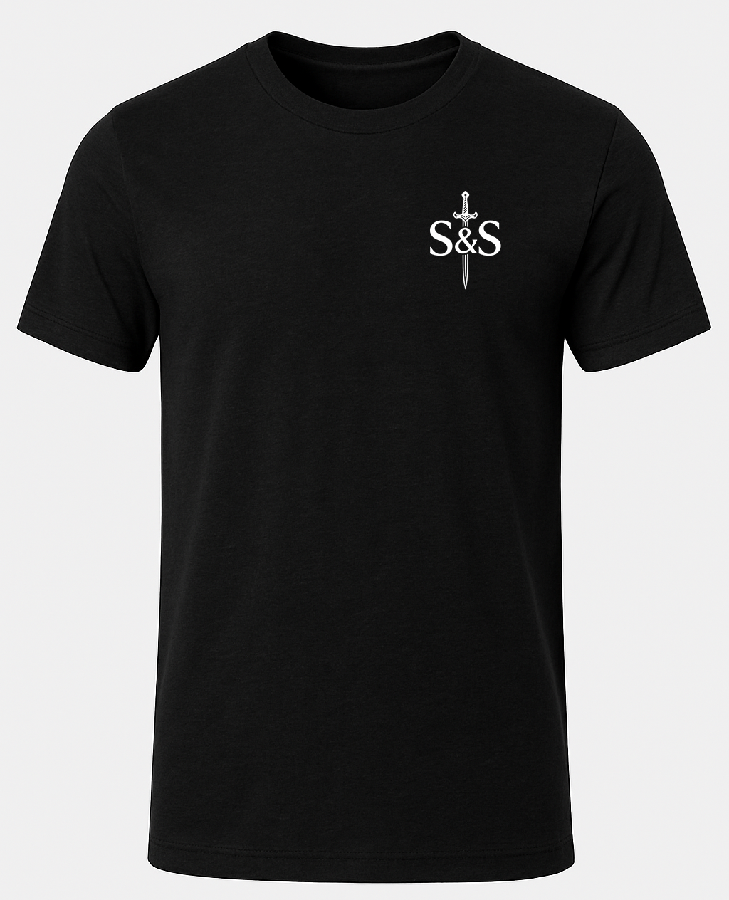 Black t-shirt with a white logo on a light gray background