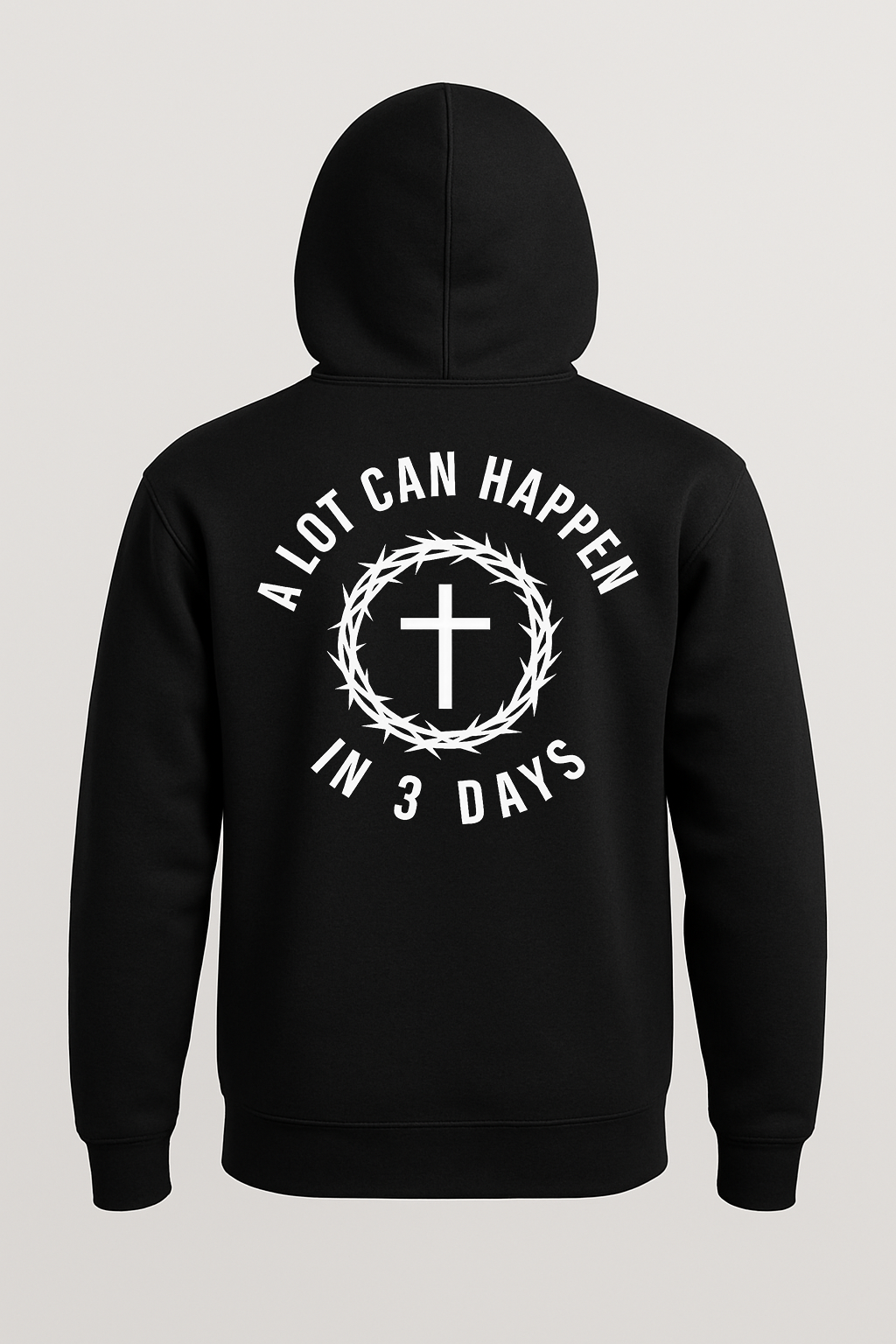 Black hoodie with white cross and crown of thorns