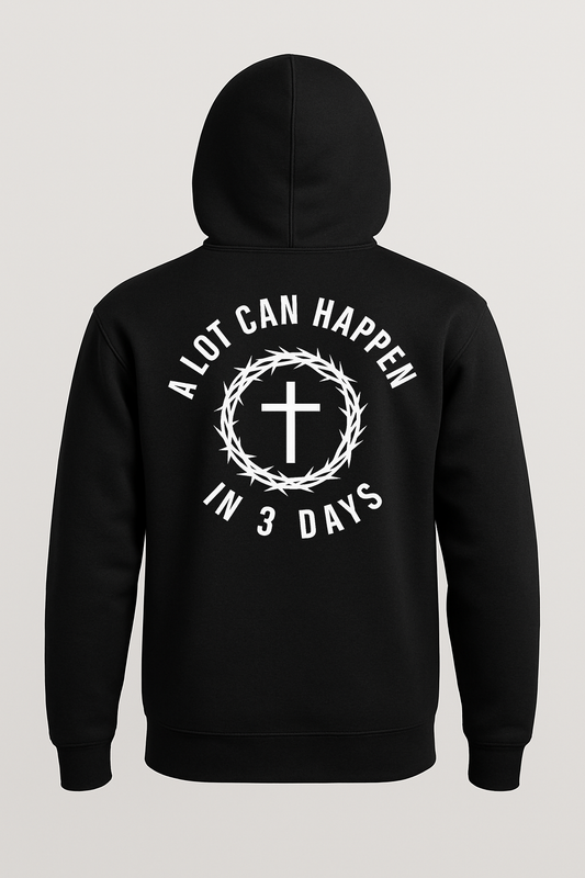 Black hoodie with white cross and crown of thorns