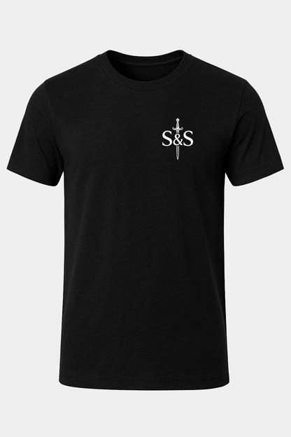 Black t-shirt with a white logo on the chest against a white background