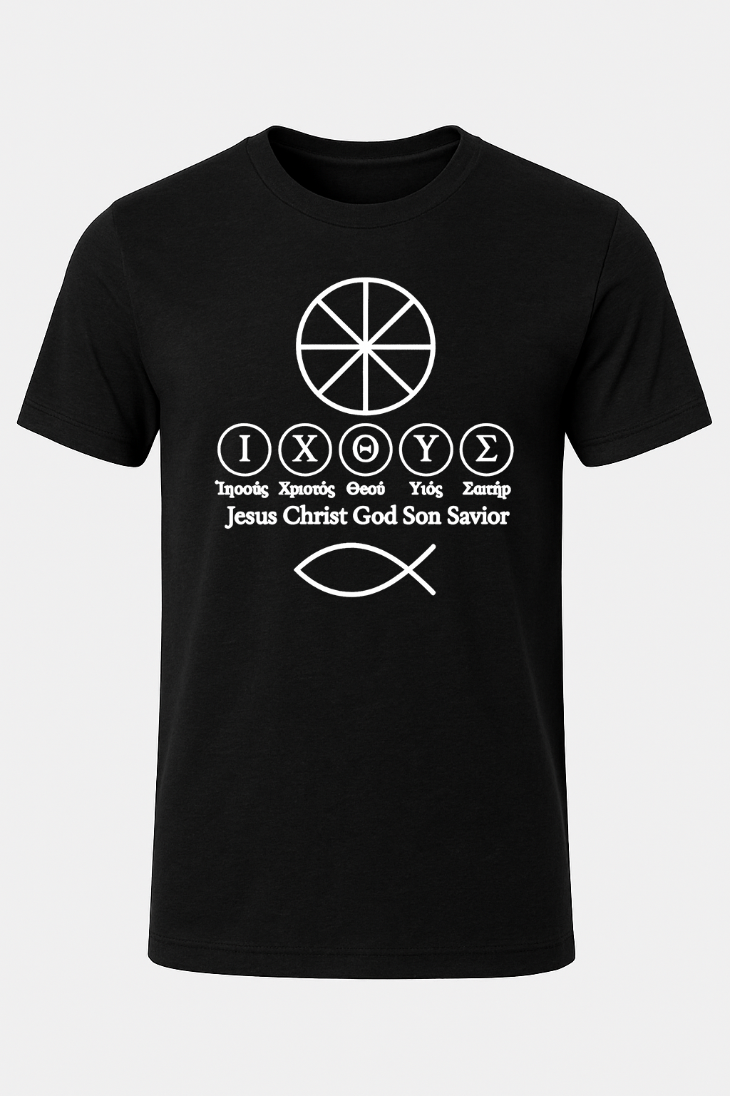 Black t-shirt white religious wheel symbol