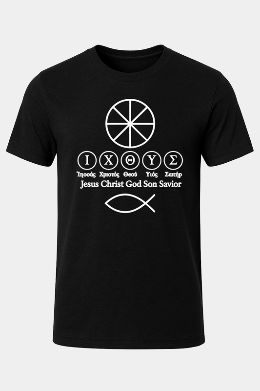 Black t-shirt white religious wheel symbol
