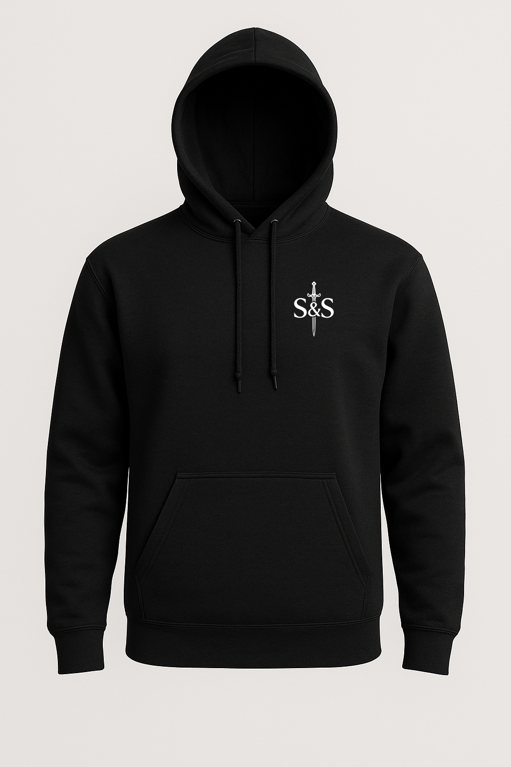 Black hoodie with a logo on the chest against a light gray background
