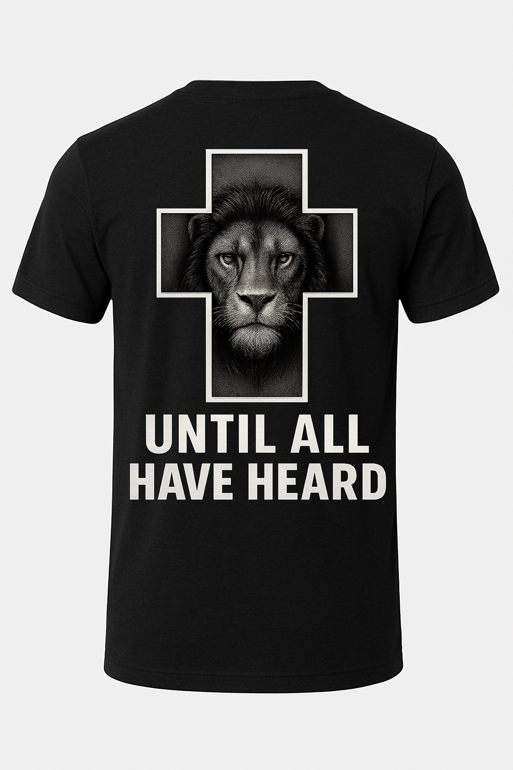 Black t-shirt with a lion graphic and text on a white background