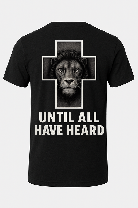 Black t-shirt with a lion graphic and text on a white background